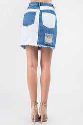 American Bazi Women's Contrast Patched Frayed Denim Distressed Skirt